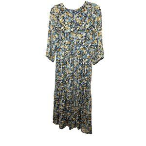 Loft Floral Riffler Button-Up Midi Dress 3/4 Sleeves Navy Yellow Blue Size M